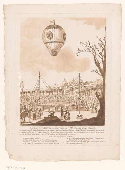 Luchtballon, Le Flezel, van Joseph-Michael Montgolfier the Elder buiten Lyon Bay Montgolfier the Elder tarafından yapılan aerostatik makine (nesne üzerindeki başlık) by Anonymous