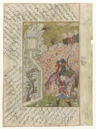 Adam omuzlarında savaşçı ve at taşır Nizami