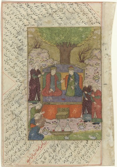 Bir bahçede tahtta oturan kadın ve erkek, önlerinde iki müzisyen ve üç hizmetçi Nizami