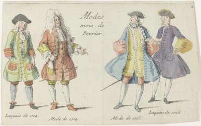 Modes Mois de Fevrier (nesne üzerindeki başlık) 1714 ve 1726 Mercure de France modasına göre giyinmiş dört adam (seri başlığı) by Anonymous