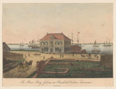 Nieuwe Waag, Paramaribo'daki Sahilde Nieuwe Waag Binası ve Colonie Surinam Bankası (nesnedeki başlık) by Anonymous