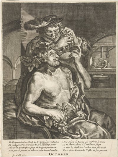 Ekim: Bacchus şarap içiyor Ekim (nesne üzerindeki başlık) On İki Ay (dizi adı) by Anonymous