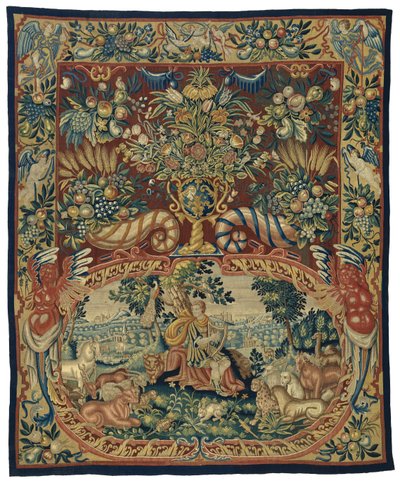 Orpheus hayvanlarla birlikte, bir kartuşta ve çiçek vazosu ve bereketli bir dekorda by Anonymous
