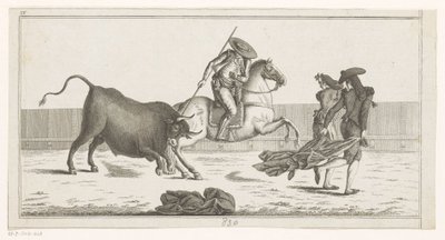 Picador mızrağını boğaya sapladı Coleccion de las Principales suertes de una corrida de toros (nesne üzerinde seri başlığı) En önemli boğa güreşi manevralarının toplanması (seri başlığı) by Anonymous