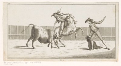 Picador mızrağını boğaya sapladı Coleccion de las Principales suertes de una corrida de toros (nesne üzerinde seri başlığı) En önemli boğa güreşi manevralarının toplanması (seri başlığı) by Anonymous