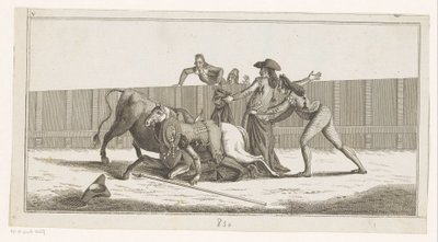 Picador atından düştü Coleccion de las Principales suertes de una corrida de toros (nesne üzerinde seri başlığı) En önemli boğa güreşi manevralarının toplanması (seri başlığı) by Anonymous