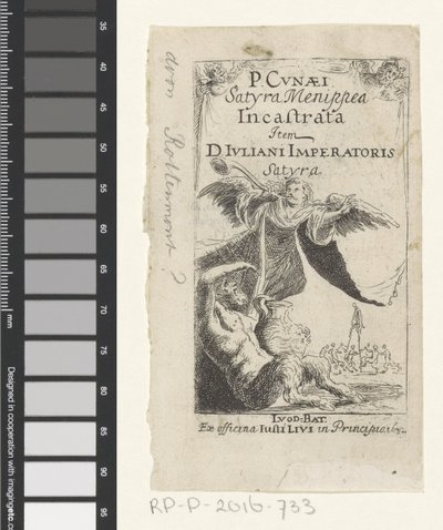 Satyr ve Melek Trompet Üfleme Başlık sayfası: Petrus Cunaeus, Satyra Menippea Incastrata, 1632 by Anonymous