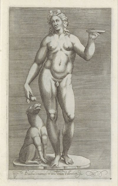 Heykeltıraş van Bacchus en een hond Bacchus, Vallenian tapınağının mermer zeminindedir (nesne üzerindeki başlık) Roma'da yontulmuş Antieke (dizi başlığı) Roma şehrinin halka açık yerlerde görünen antik heykellerinin simgeleri (dizi başlığı) by Anonymous