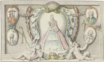 Ayakta duran kadın, iki putti ve dört madalyon Modes de 1730 Mercure de France (seri başlığı) by Anonymous