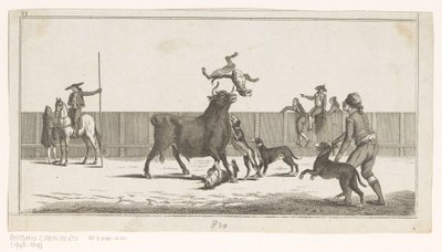 Köpeklerin saldırısına uğrayan boğa Coleccion de las Principales suertes de una corrida de toros (nesne üzerinde seri başlığı) En önemli boğa güreşi manevralarının toplanması (seri başlığı) by Anonymous