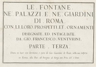 Çerçeveli başlık ile başlık baskısı Le fontane ne palazzi e ne giardini di Roma (dizi adı) Roma Sarayları ve Bahçelerindeki Çeşmeler (dizi başlığı) by Anonymous