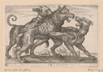 Bir kurtla savaşan iki köpek Fighting Animals (kopyalar) (dizi adı) by Anonymous