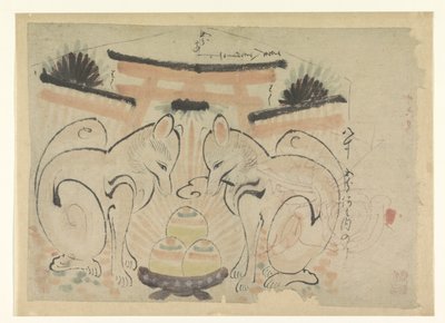 Bir Japon tapınağında iki tilki by Anonymous