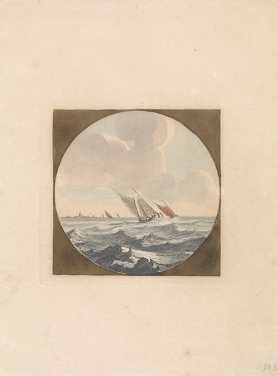 Denizde iki yelkenli gemi ve sahilde bir şehir Denizde Gemiler (seri B) (seri başlığı) by Anonymous