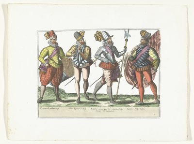 Üniformalı dört İspanyol askeri, 1580 dolayları Kostümler Militaires Espagnols (nesne üzerindeki başlık) by Anonymous