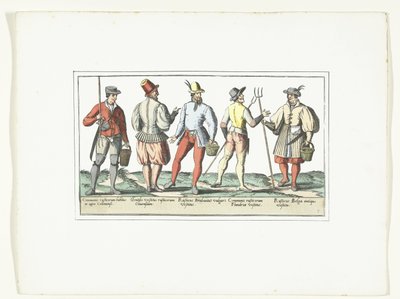 Mevcut moda ve biri eski moda giyinmiş dört köylü, 1580 dolayları Modlar Rustiques (nesne üzerindeki başlık) by Anonymous