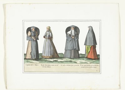 Antwerp, Brabant ve 's-Hertogenbosch'ta Moda Giyinmiş Dört Kadın, yaklaşık 1580 Kostümler Civils des Pays-Bas (nesne üzerindeki başlık) by Anonymous