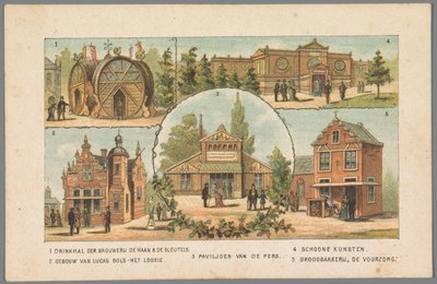 Amsterdam'daki Dünya Sergisinde Beş Pavyon, 1883 1 De Haan & De Sleutels bira fabrikasının içme salonu. 2 Lucas Bols'un binası - Het Loosie. 3 Basın Pavyonu. 4 Güzel Sanatlar. 5 Ekmek fırını De Voorzorg. (nesne üzerindeki başlık) Hatırlatma aa by Anonymous