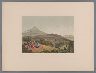 Bir Japon tepelik arazisinde uçurtma savaşı Lutte de cerf-volants (nesne üzerindeki başlık) Souvenir du Japon vues d'après nature avec texte par le comte de Lijnden (seri başlığı) by Anonymous
