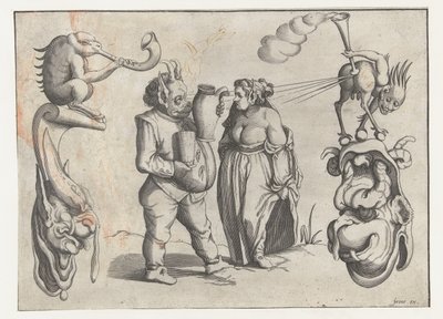Sürahi ve fincan ile kadın ve erkek canavar Bir çerçeve çizgisiyle çevrili grotesk figürler (seri başlığı) by Anonymous