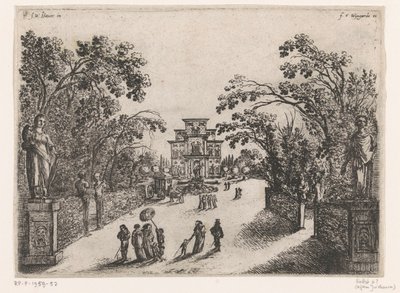 Bir parkta yürüyen insanlar, arka planda bir kır evi by Anonymous
