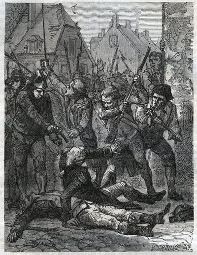 Fransız devrimi döneminden bir sahne: Theobald de Dillon (1745-1792) ve Berthois adında bir cin subayı, kendilerini vatana ihanetle suçlayan askerler ve Lille halkı tarafından katledilir. "Histoire de la Revolution fr"de 1866