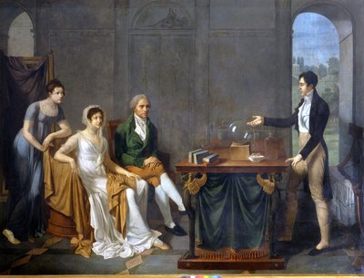 Bir bilim adamı (muhtemelen Alessandro (Alexandre) Volta) Melzi Deril ailesinin önünde bilimsel bir deney yapıyor. Anonim resim. . by Anonymous Anonymous