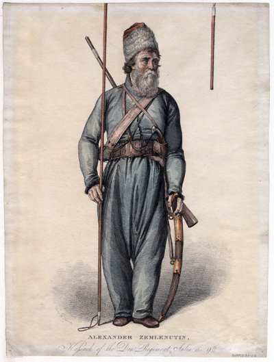 Alexander Zemlyanukhin, Don Alayı'nın kazağı - Anonim - yaklaşık 1813 - Gravür, suluboya - 34,3x25,3 - Özel Koleksiyon by Anonymous Anonymous