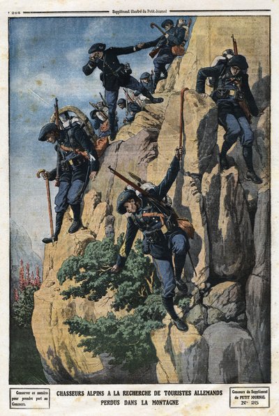 Alp avcıları kayıp Alman turistleri arıyor. Chartreuse masifinin Nero (Helmet du Nero) dağına gitmek istediler. Gravür, 7/07/1912 tarihli “” Le Petite Journal””. Özel koleksiyon. by Anonymous Anonymous