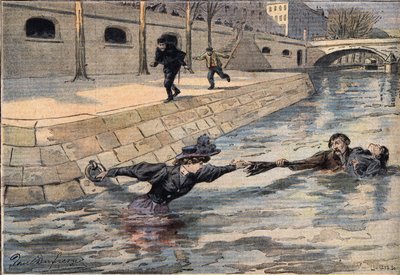 Ustaca bir kurtarma: Kutsal Baba'nın köprüsünün yakınında, nehirde çöken bir kadın, başka bir kadına yardım eden bir adam tarafından kurtarılır. “Le Petite Parisien” gazetesinden gravür, 8/03/1908. Özel koleksiyon. by Anonymous Anonymous