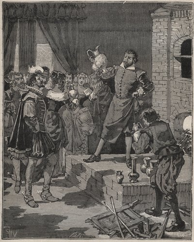 Fransız muzaffer seramikçi Bernard Palissy (1510-1589), ilk emaye parçalarını fırından çıkarıyor. Adolphe BITARD