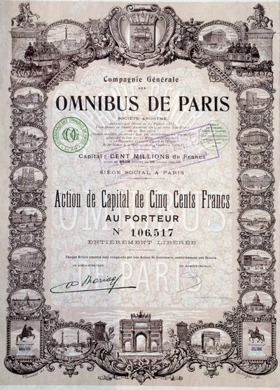 Paris otobüsünde 500 Franklık sermaye payı, 20. yüzyıl Coll. Paylaş by Anonymous Anonymous