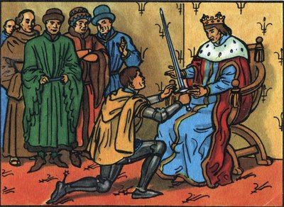 Charles V Bilge (1338-1380) polis memurunun kılıcını ciddiyetle Bertrand du Guesclin