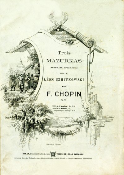 Frederic Chopin (1810-1849) tarafından bestelenen Leon Szmitkowski'ye adanmış “Piyano için üç mazurka, Opus 50”nin kapağı. by Anonymous Anonymous