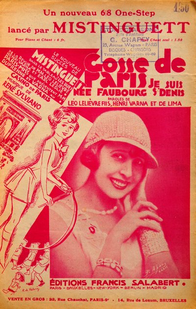 Fransız şarkıcı Mistinguett (Mistinguette) (1875 - 1956) tarafından söylenen “Gosse de Paris” müziğinin kapağı by Anonymous Anonymous