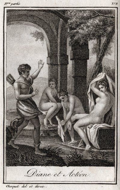 Diane ve Acteon (Diana ve Actaeon) Diane, avcı Acteon tarafından banyoda şaşırttı. Charles Albert Demoustier (1760-1801) tarafından "Lettres a Emilie sur la mitolojisinde" 1819