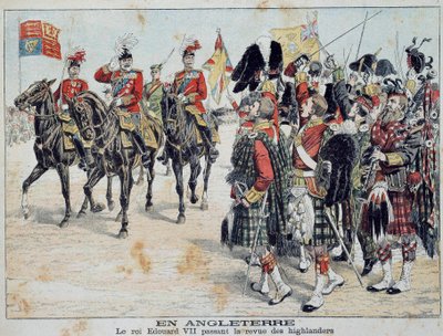 Edward VII (1841-1910) İngiltere Kralı “Little Diary” 1905 Özel koleksiyonunun ünlü ekinden İskoç Highlanders İllüstrasyonunu inceliyor by Anonymous Anonymous