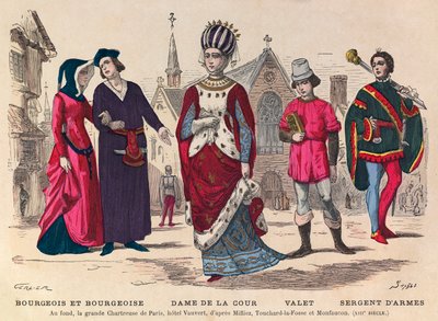 Gravür - Burjuva ve Burjuva, Mahkemenin Hanımı, uşak, 13. yüzyılda Paris