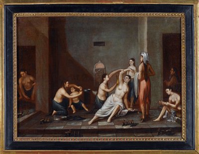 ""Hamamda birbirlerini yıkayan kadınlar"" (Hamamdaki Hanımlar) Anonim tablo 1741 - Tuval üzerine yağlıboya, 39x53 - Özel Koleksiyon by Anonymous Anonymous