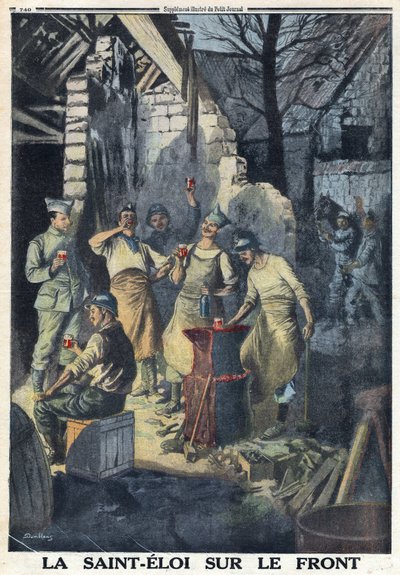 Birinci Dünya Savaşı 1914-1918 (14-18 Savaşı). Cephedeki askerlerin Saint Eloi (Saint-Eloi) kutlaması. Hepsi parti için bir kadeh kırmızı şarap içerler. “” Le Petite Journal”da, 3/12/1916. Özel koleksiyon by Anonymous Anonymous