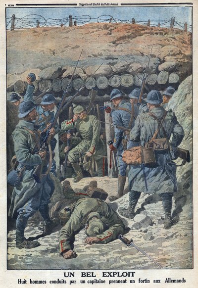Birinci Dünya Savaşı 1914-1918 (Savaş 14-18). Bir kaptan tarafından yönetilen Fransız ordusunun sekiz askeri, Almanlardan bir kale aldı. “” Le Petité Journal”da, 3/09/1916. Özel koleksiyon by Anonymous Anonymous