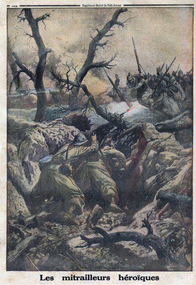 Birinci Dünya Savaşı 1914-1918 (Savaş 14-18). Fransız makineli tüfekler, Alman ordusunun saldırısına ateş ediyor. “” Le Petite Journal”da, 9/04/1916. Özel koleksiyon by Anonymous Anonymous