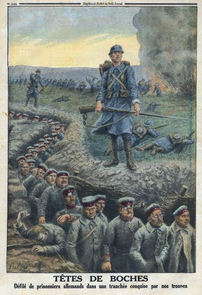 Birinci Dünya Savaşı 1914-1918 (14-18 Savaşı). “” Headheads”: Fransız ordusunun birlikleri tarafından fethedilen bir siperde Alman mahkumları kirletiyor. 03/03/1916 tarihli “Le Petité Journal”da. Özel koleksiyon by Anonymous Anonymous