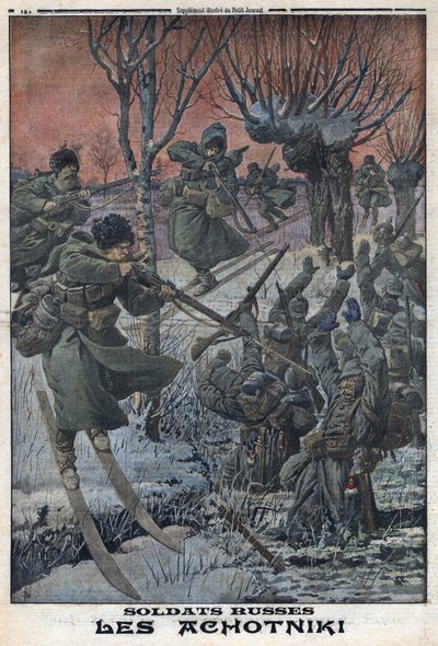 Birinci Dünya Savaşı 1914-1918 (14-18 Savaşı). Rus askerleri Ahotniki kayaklar üzerinde Alman askerlerini vuruyor. 23/01/1916 tarihli “Le Petite Journal”da. Özel koleksiyon by Anonymous Anonymous