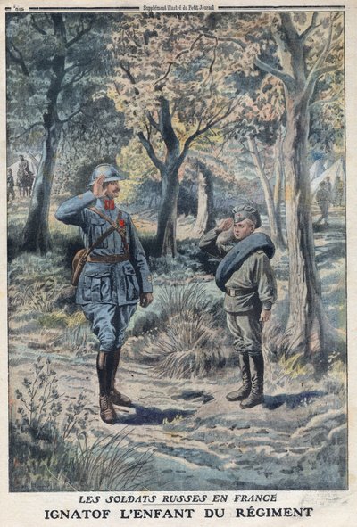 Birinci Dünya Savaşı 1914-1918 (14-18 Savaşı). Bir Fransız ordusu alayında genç Rus askeri Ignatof. 21/05/1916 tarihli “Le Petité Journal”da. Özel koleksiyon by Anonymous Anonymous