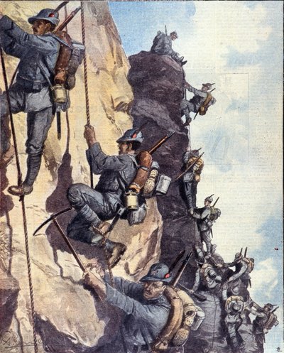 Birinci Dünya Savaşı: “” İtalyan alp avcıları (alpino veya alpini) İtalyan Alplerinde duvara tırmanıyor by Anonymous Anonymous