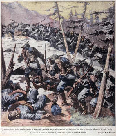 Birinci Dünya Savaşı: “” İtalyan alp avcıları (alpino veya alpini) düşmanlardan Pal Piccolo, İtalyan alplerini geri alıyor”” 1916 “La domenica del corriere”den çizim” by Anonymous Anonymous
