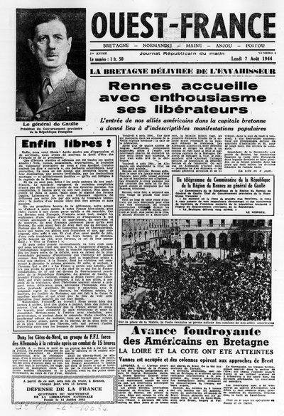 Batı Fransa'nın 7 Ağustos 1944 tarihli ilk sayısı: Fransa'nın batısındaki La La La La Liberation ve General de Gaulle - fotoğraf, BN by Anonymous Anonymous