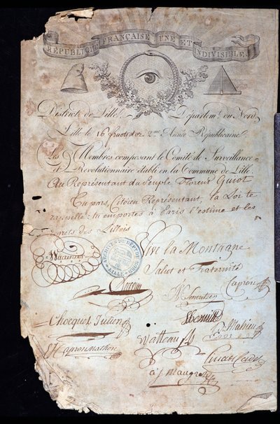 Fransız Devrimi: 16 yıl II tarihli Lille Devrimci Komitesi tarafından, bir devrimci ve halkın temsilcisi olan Guiot de Saint-Florent (Saint Florent) dit Florent-Guiot (veya Florent-Guyot) (1735-1834) vatandaşlığının tasdiki (02/09/1 by Anonymous Anonymous