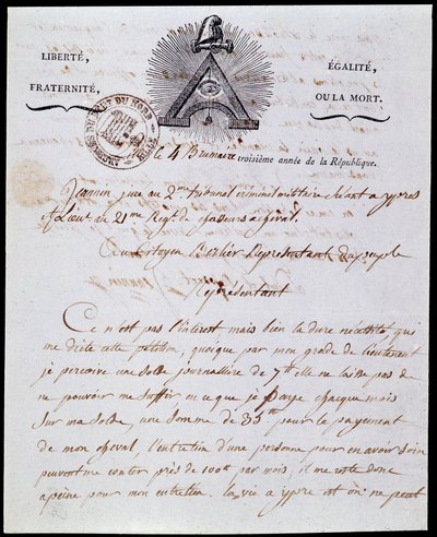 Fransız Devrimi: cumhuriyetçi yazıt “Liberte Egalite, Fraternite ou la Mort” ve sembolleri ile 18 Frimaire III (08/12/1794) tarihli bir askeri idari mektubun 4 sis yılı III (25/10/1794) ilk sayfası ve başlığı ve başlığı Franco-Maconnerie